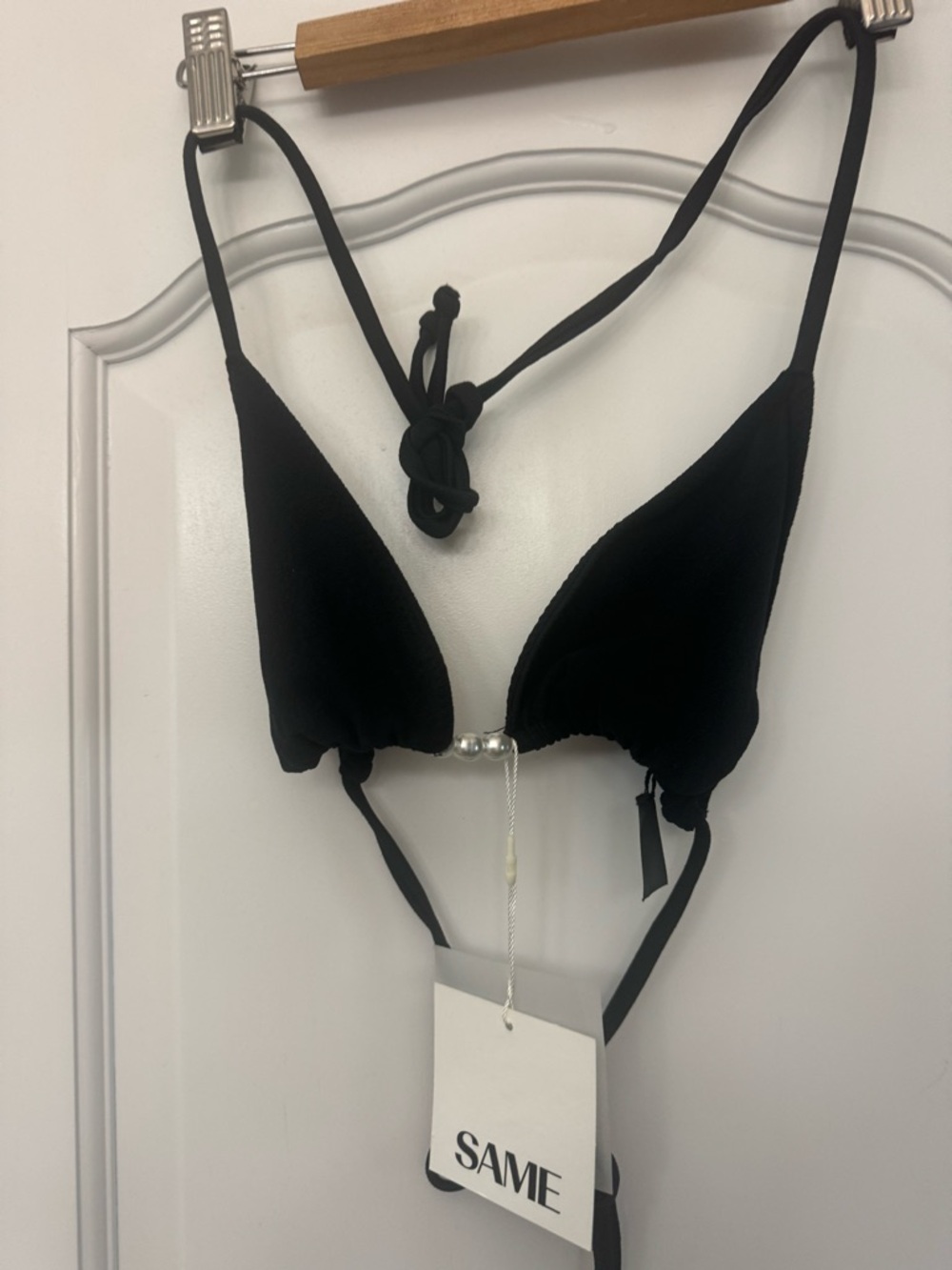 SAME Black Triangle Swim Bra with White Bead Detail - Size XL